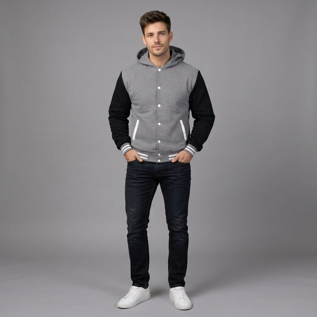 Men’s Grey Hooded Varsity Jacket – Wool Body & Black Sleeve Letterman