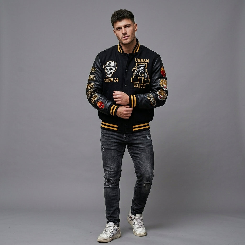 Men’s Black Varsity Jacket – Patchwork Streetwear Style
