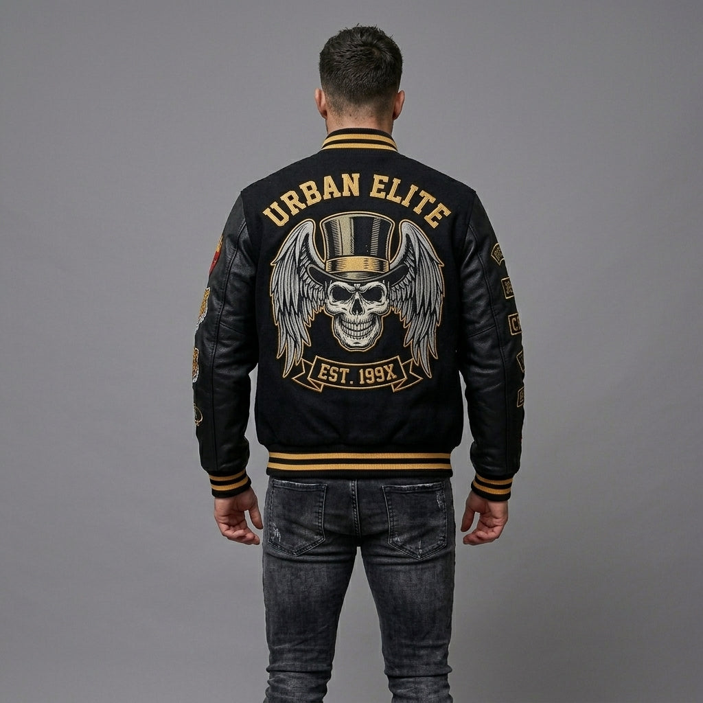 Men’s Black Varsity Jacket – Patchwork Streetwear Style