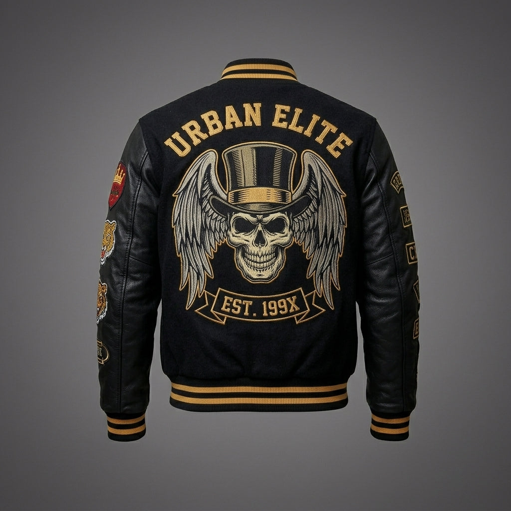 Men’s Black Varsity Jacket – Patchwork Streetwear Style
