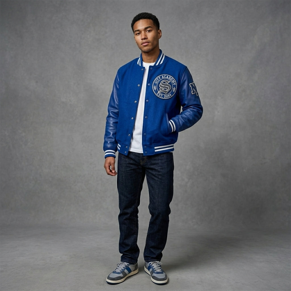 Custom Blue Leather Varsity Jacket – Streetwear Letterman Bomber