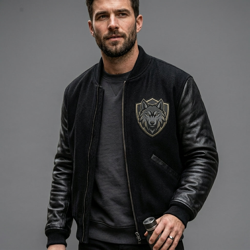 Men’s Black Patchwork Varsity Jacket – Streetwear Letterman