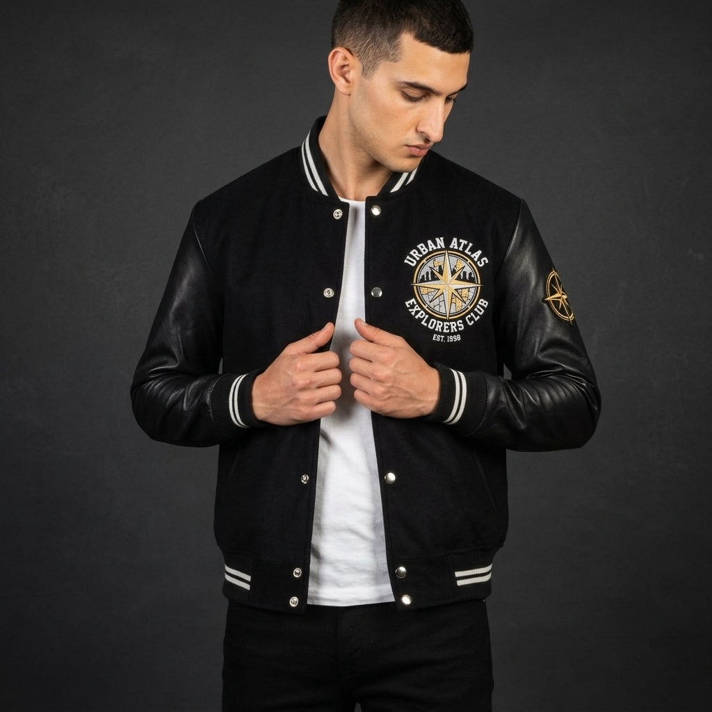 Men’s Black Striped Hybrid Varsity Jacket – Streetwear Letterman