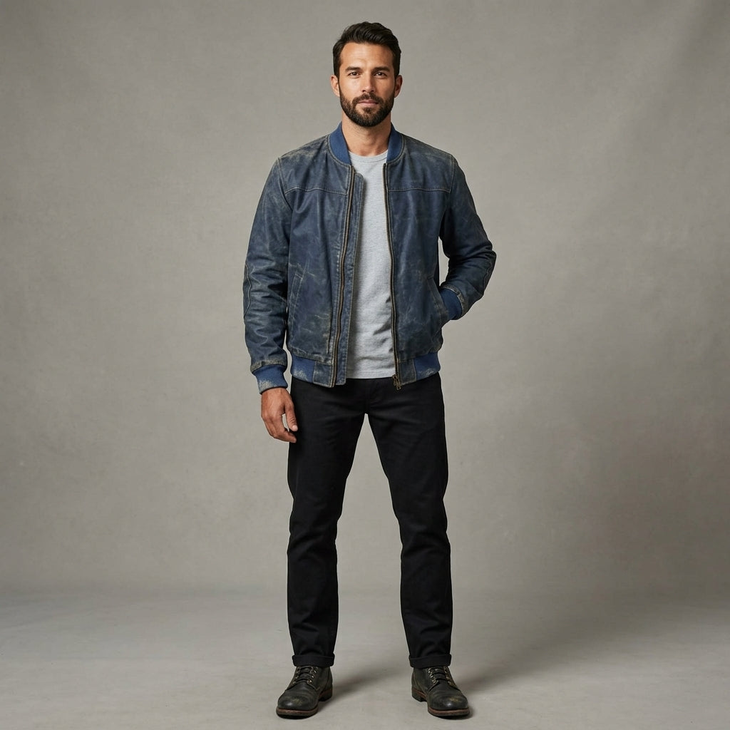 Men’s Suede Bomber Jacket – Lightweight Full Zip Vintage Varsity Style