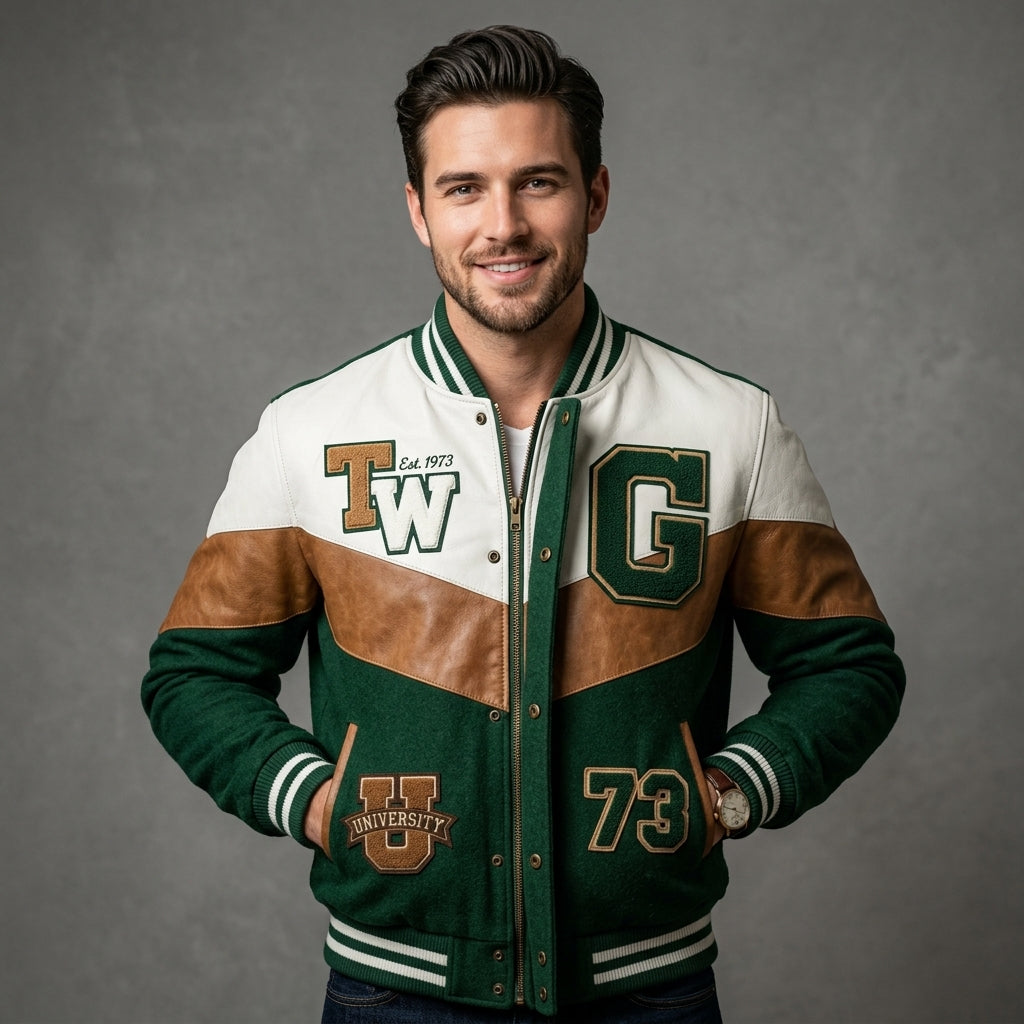 Men’s Lightweight Varsity Bomber Jacket – Green & White Casual Streetwear