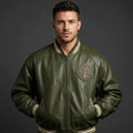 Men’s Green Leather Varsity Jacket – Oversized Logo Letterman Bomber