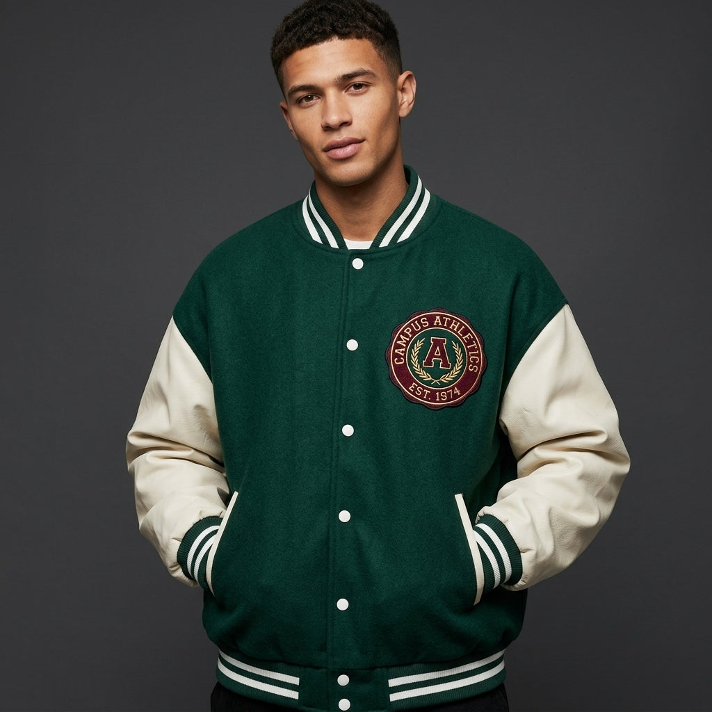 Men’s Embroidered Oversized Varsity Jacket – Letterman with Cream Sleeves
