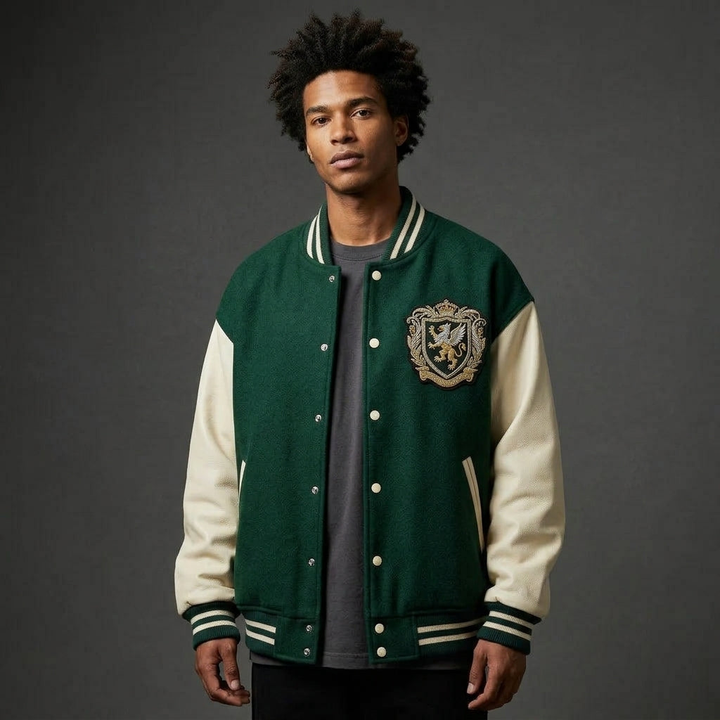Custom Wool Blend Varsity Jacket – Oversized Fit Leather Sleeve Letterman Style