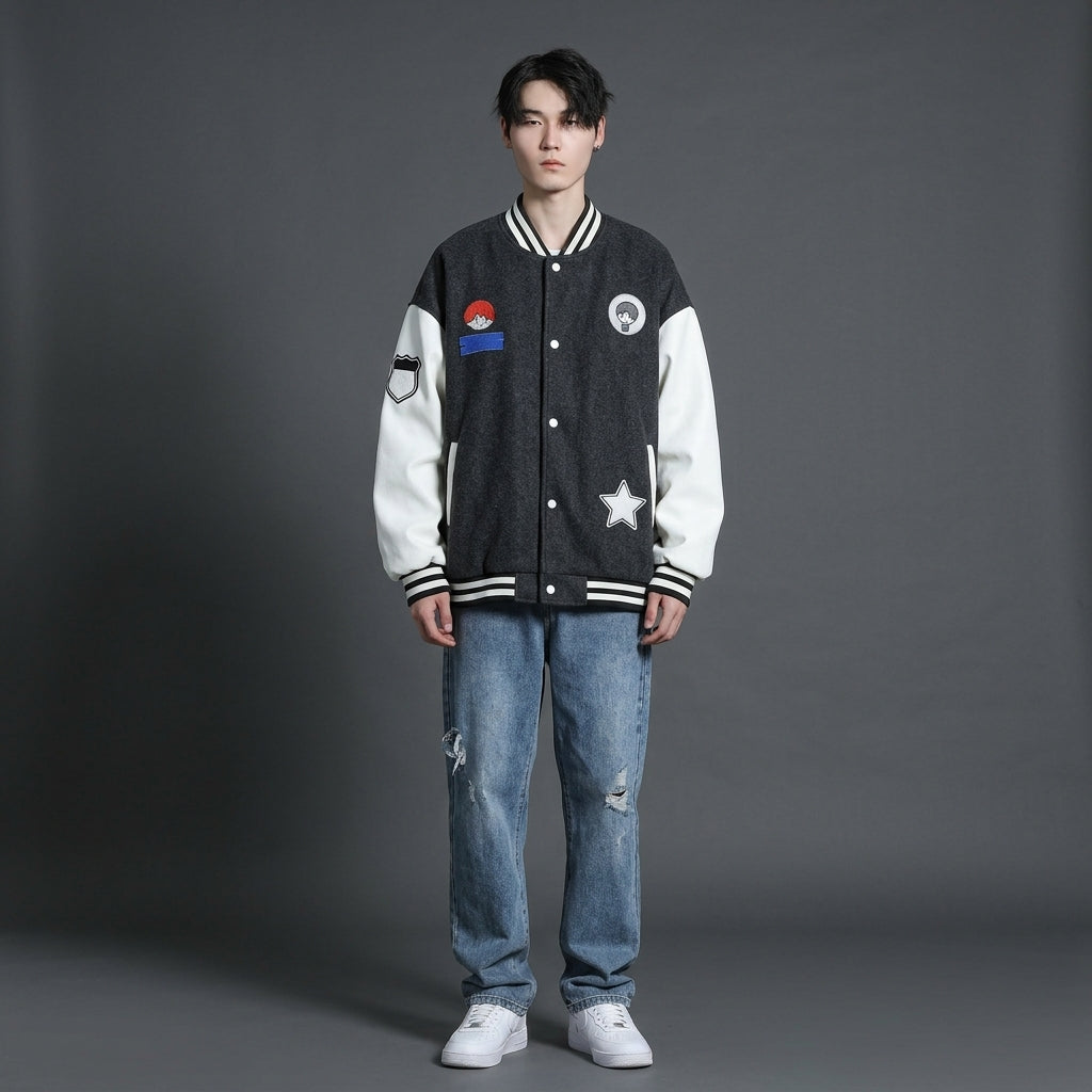 Men’s Grey & White Oversized Varsity Jacket – Embroidered Letterman Style