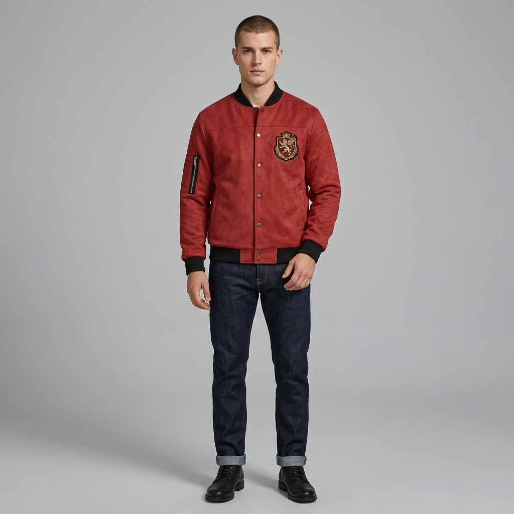 Men’s Red Casual Varsity Jacket – Button Down Long Sleeve Letterman Style