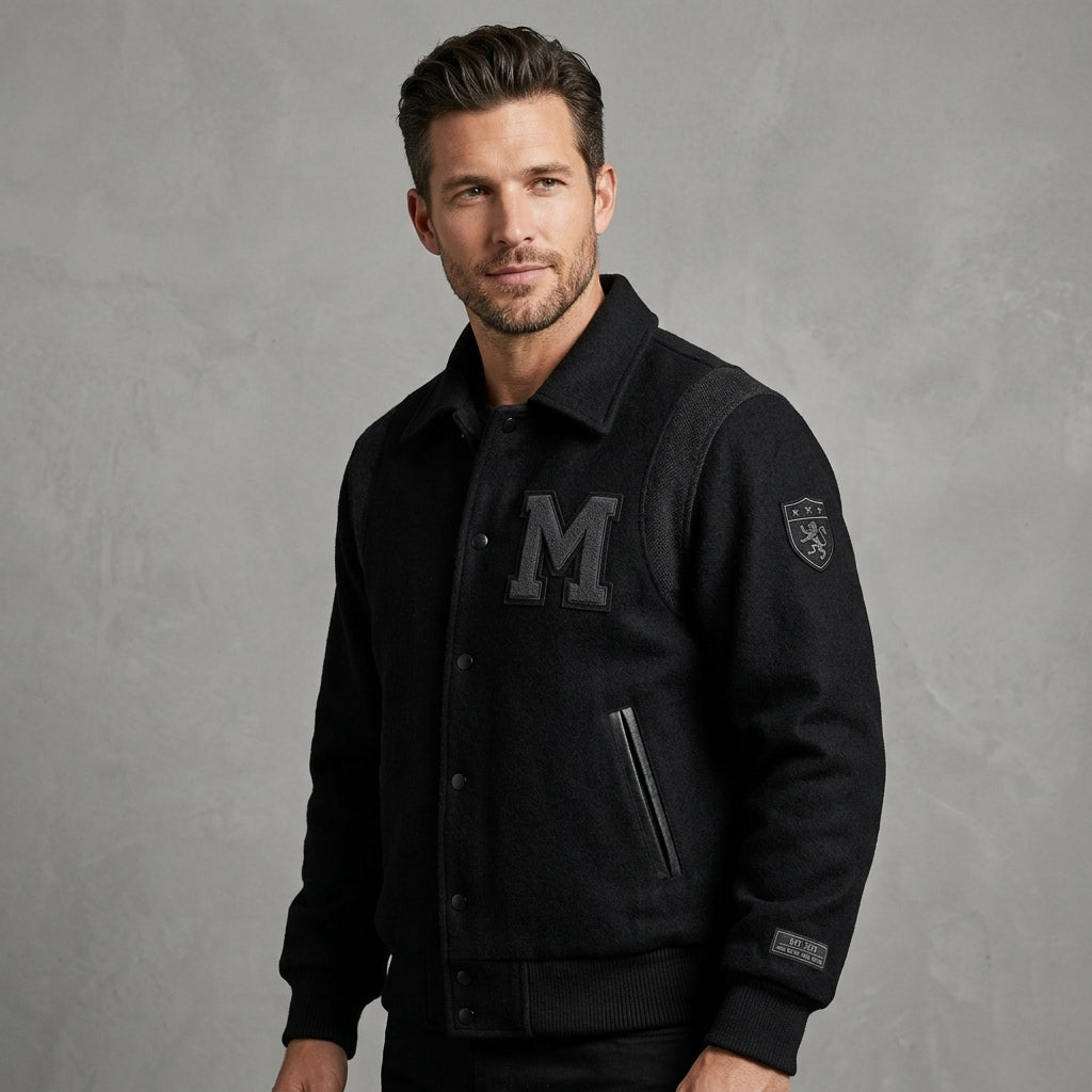 Men’s Black Wool Varsity Jacket – Classic Letterman Streetwear Style