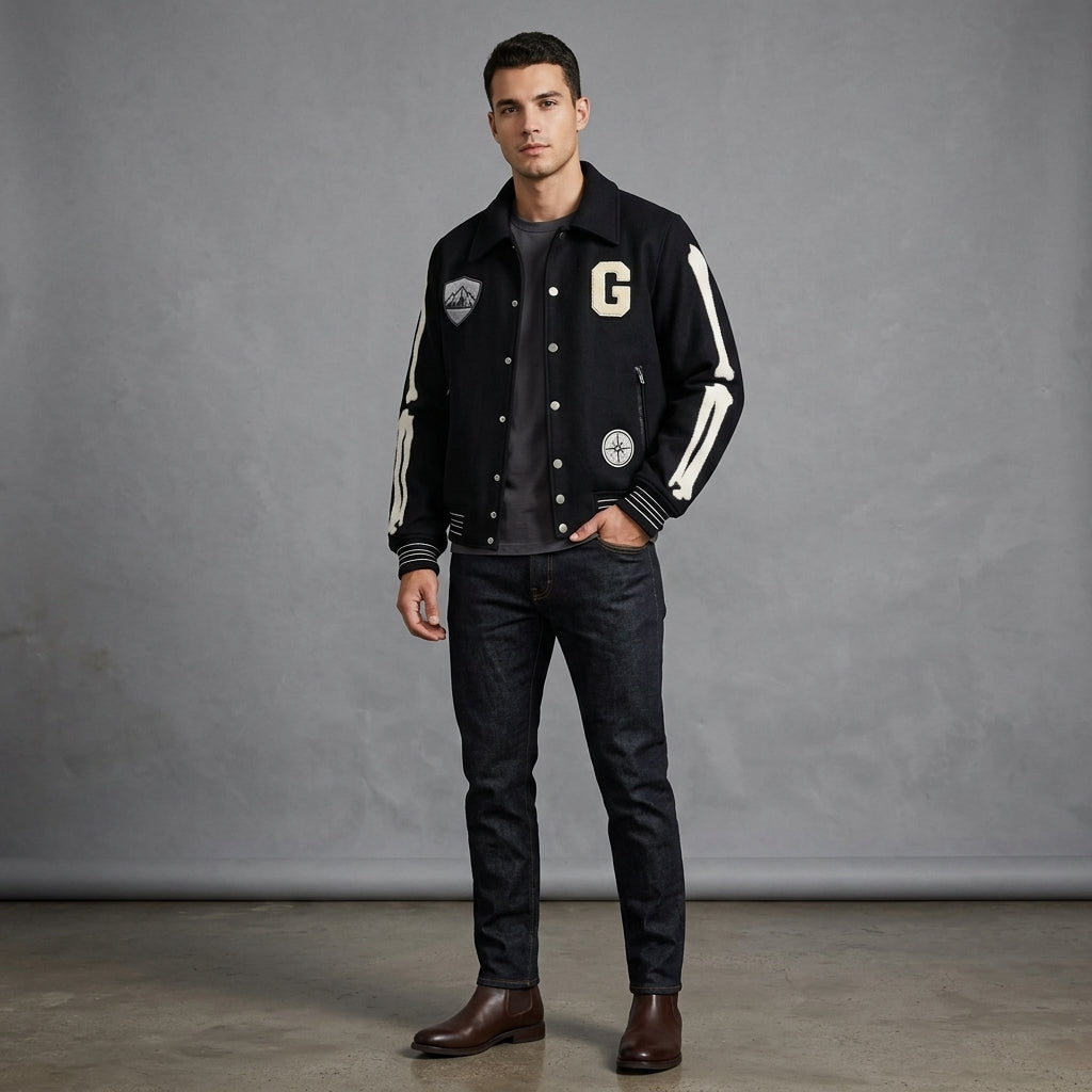 Men’s Custom Embroidery Bones Varsity Jacket – High Quality Wool Letterman Style