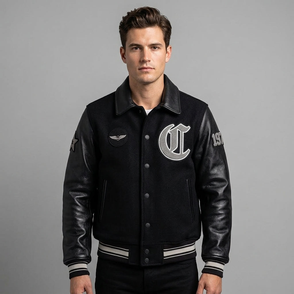 Men’s Black Varsity Style Jacket – Wool Letterman Jacket Retro Streetwear