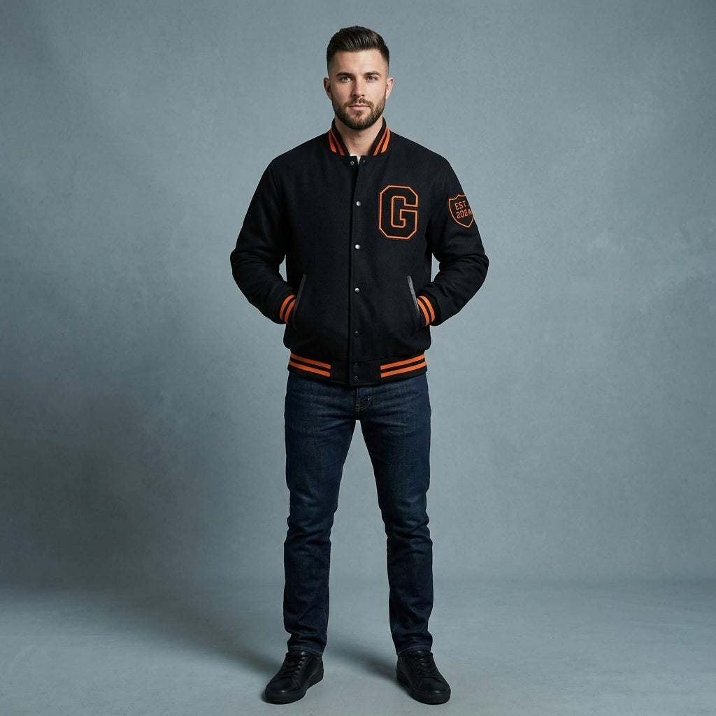 Men’s Black Wool Varsity Jacket – Orange Lining Letterman Streetwear Style