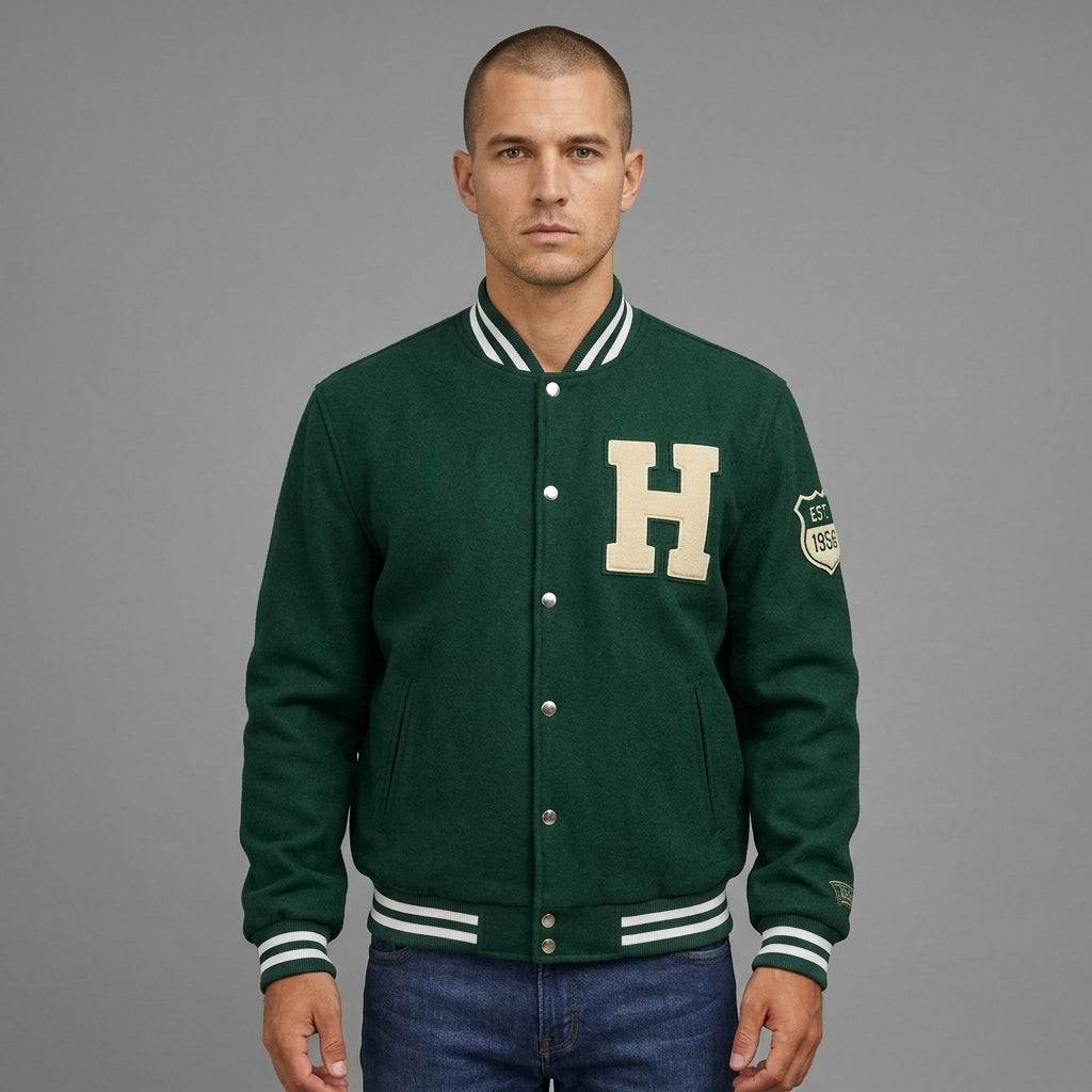 Men’s Green Wool Varsity Jacket – Custom Blank Letterman Long Sleeve Style
