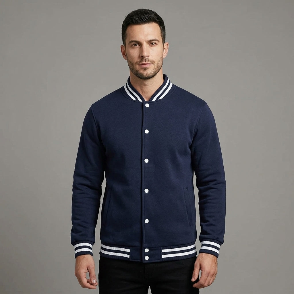 Men’s Navy Wool Letterman Jacket – Classic Varsity Bomber