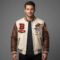 Men’s Cream Varsity Jacket – Wool & Leather Baseball Letterman
