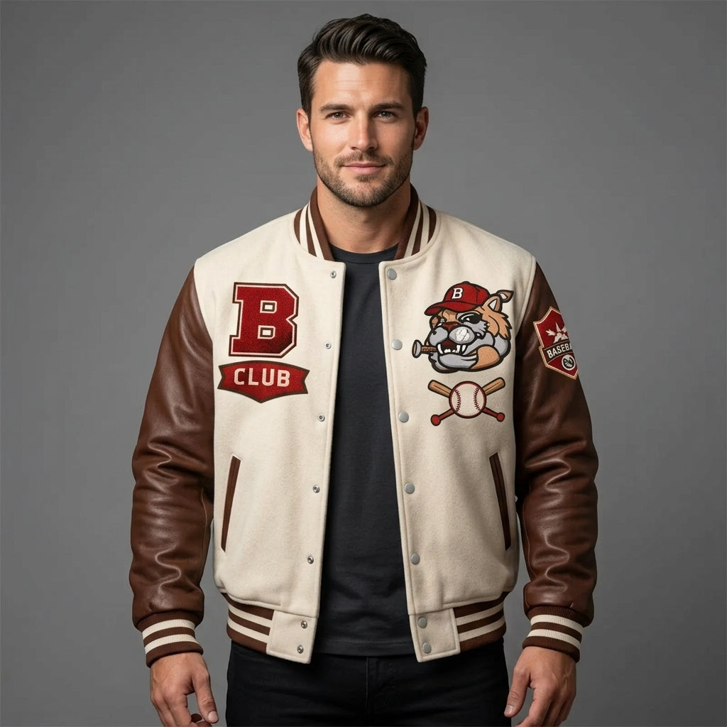 Men’s Cream Varsity Jacket – Wool & Leather Baseball Letterman