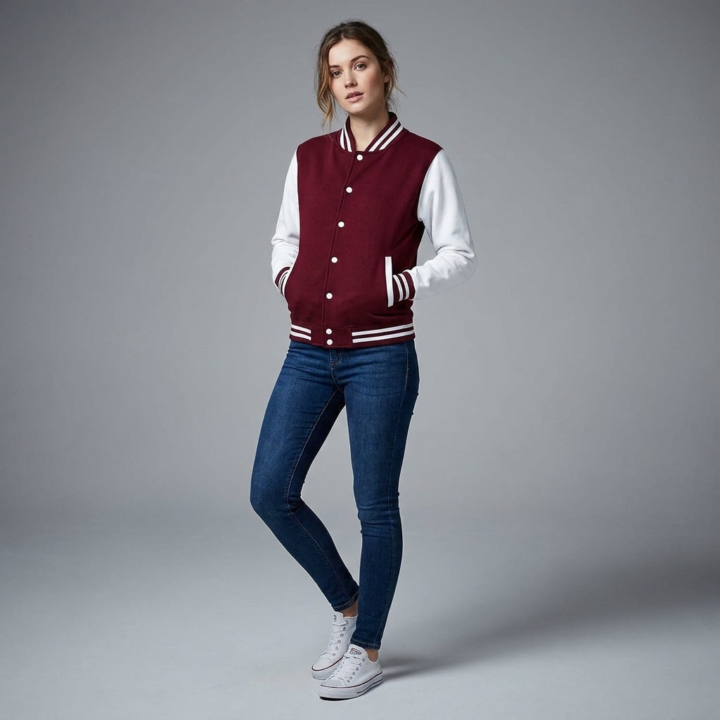 Maroon & White Back-to-School Women’s Varsity Letterman Jacket