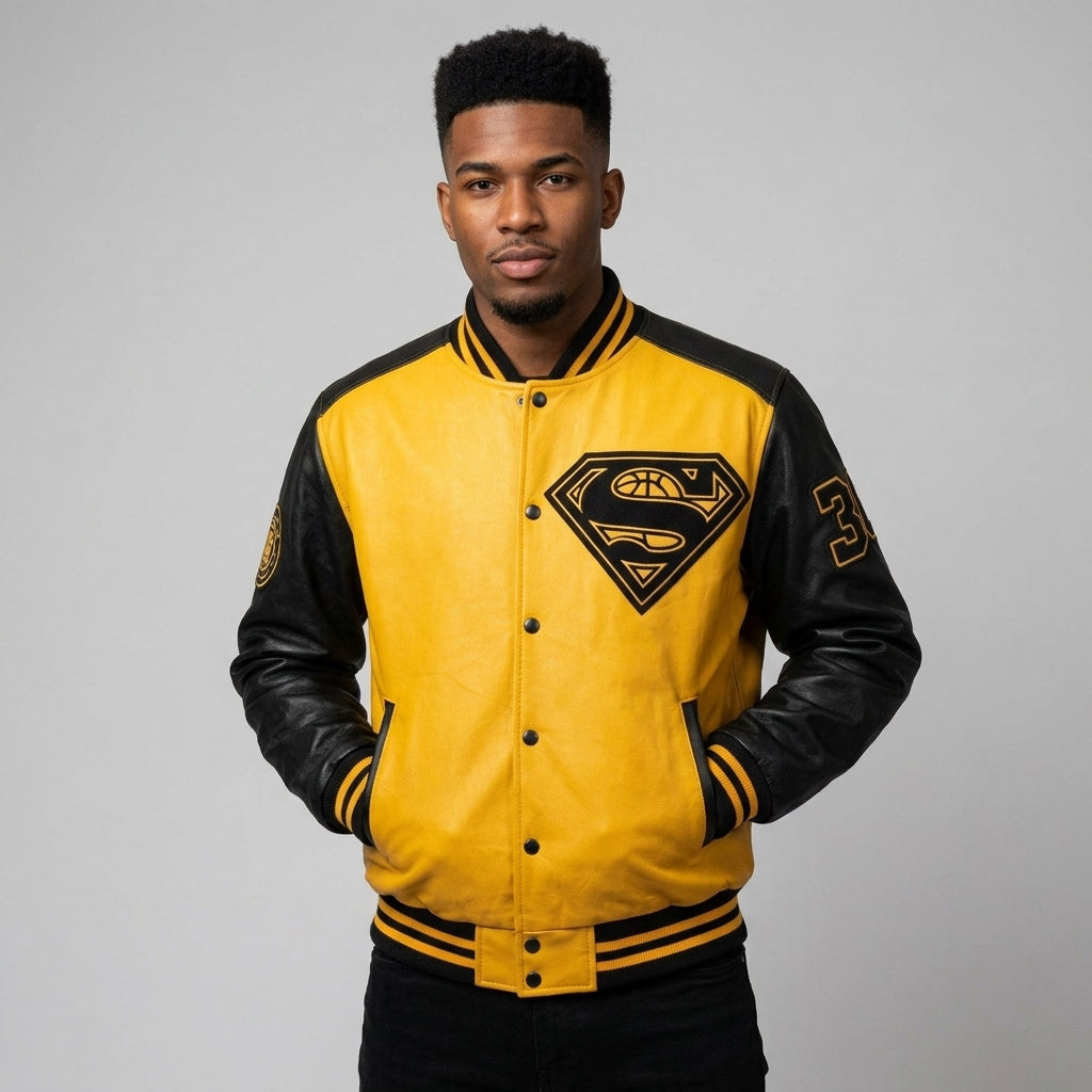 Men’s Yellow & Black Leather baseball Varsity Jacket
