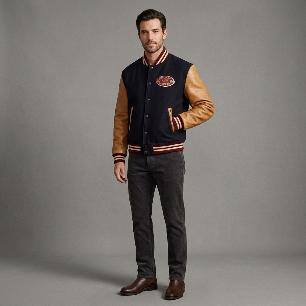 Men’s Basketball Champions Varsity Jacket – Navy Wool & Tan Leather