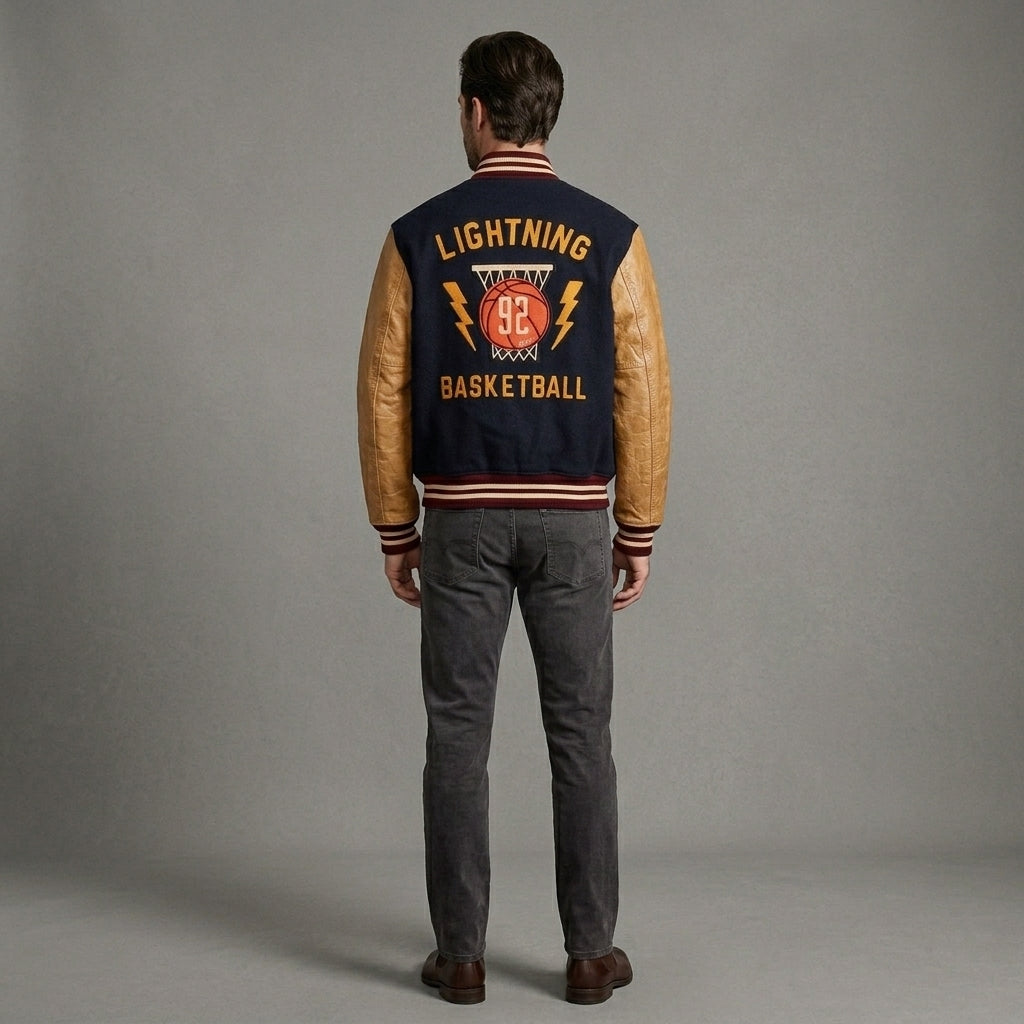 Men’s Basketball Champions Varsity Jacket – Navy Wool & Tan Leather
