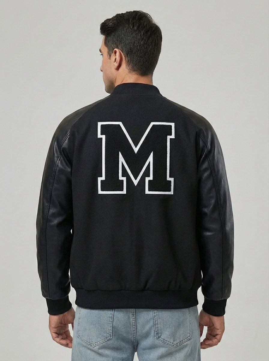 Men’s Fashion Varsity Bomber Jacket – Splicing Leather Sleeves