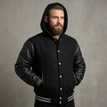 Men’s Black Varsity Jacket – Wool Blend Body & Genuine Leather Sleeves