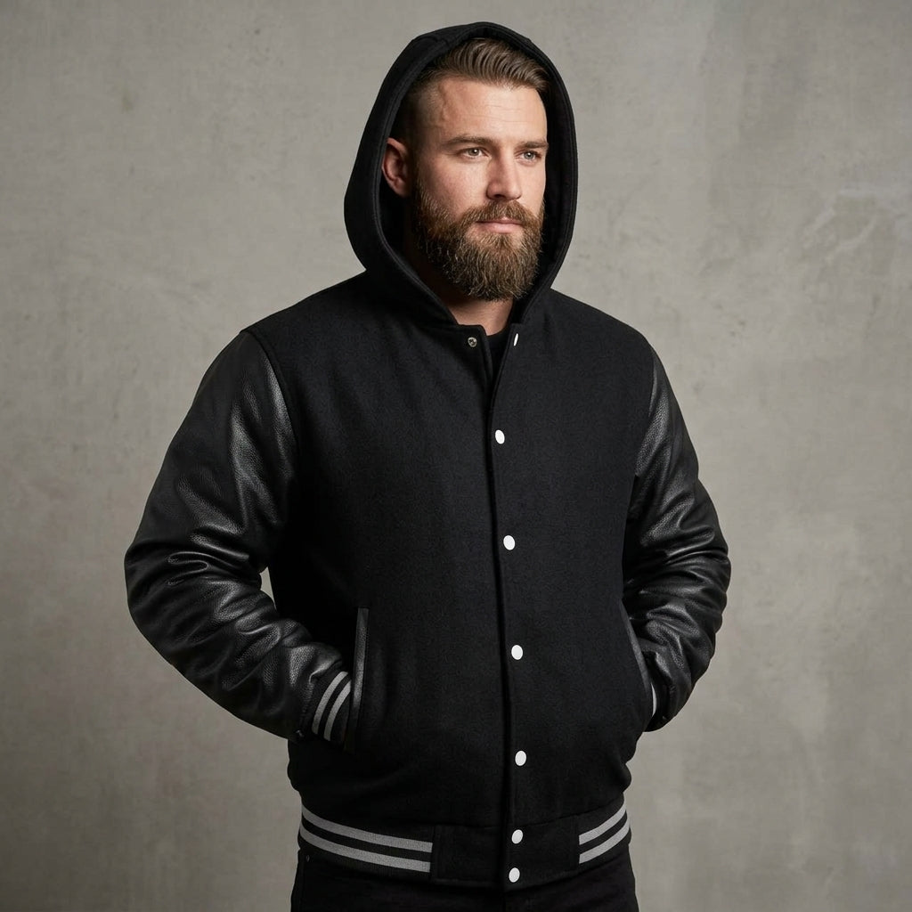 Men’s Black Varsity Jacket – Wool Blend Body & Genuine Leather Sleeves
