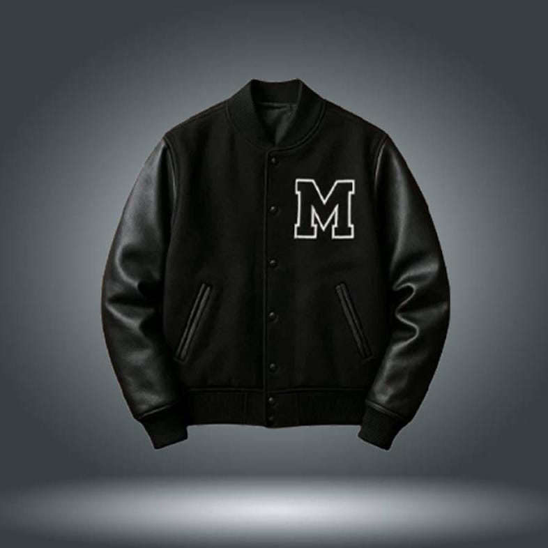 Men’s Fashion Varsity Bomber Jacket – Splicing Leather Sleeves