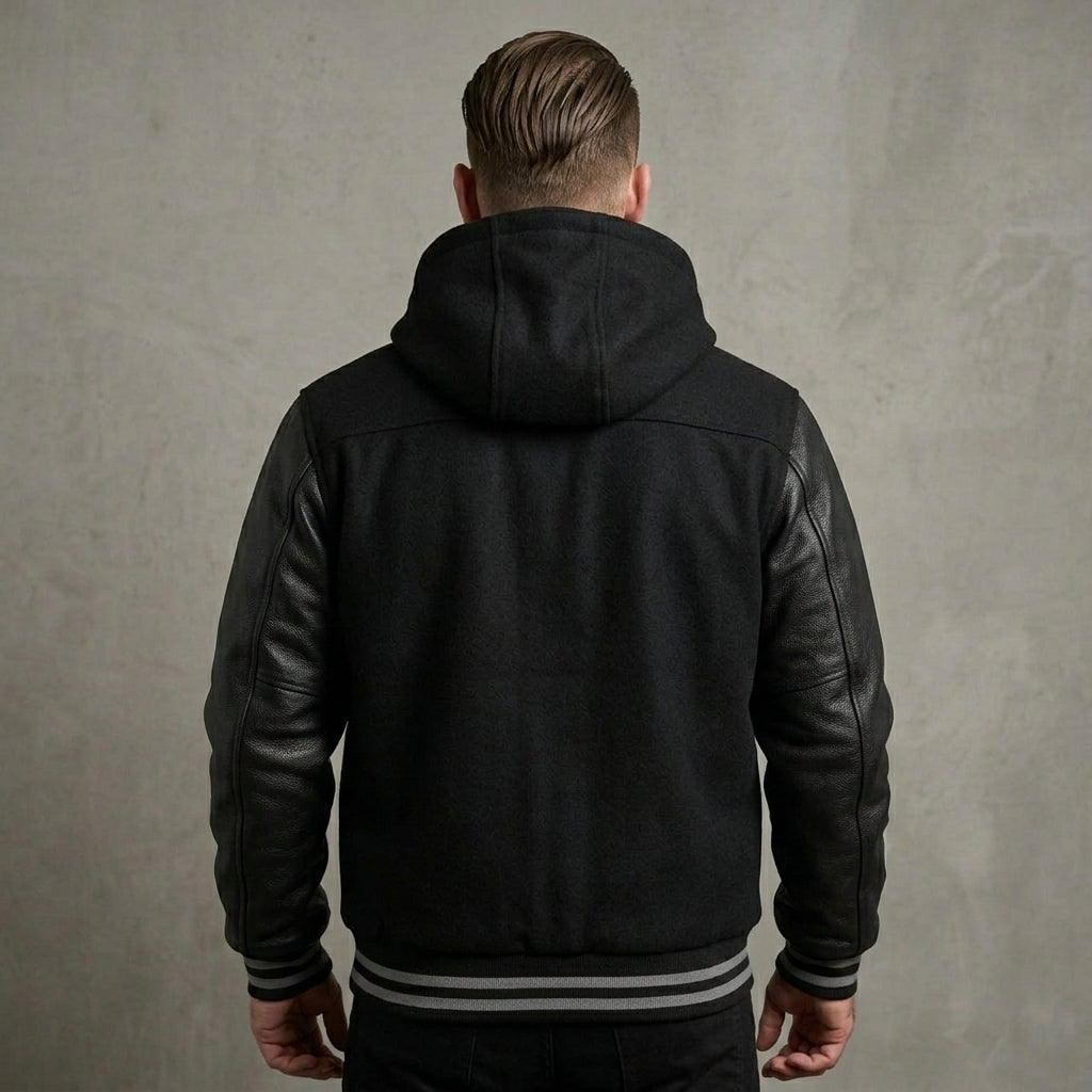 Men’s Black Varsity Jacket – Wool Blend Body & Genuine Leather Sleeves
