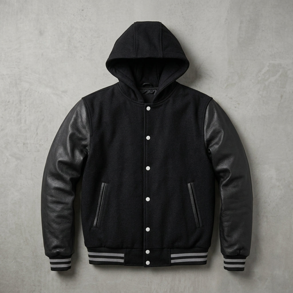 Men’s Black Varsity Jacket – Wool Blend Body & Genuine Leather Sleeves