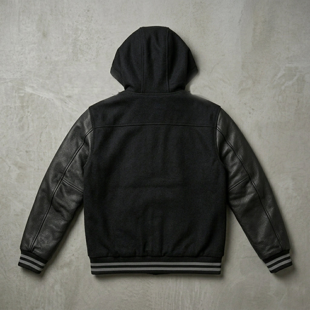 Men’s Black Varsity Jacket – Wool Blend Body & Genuine Leather Sleeves