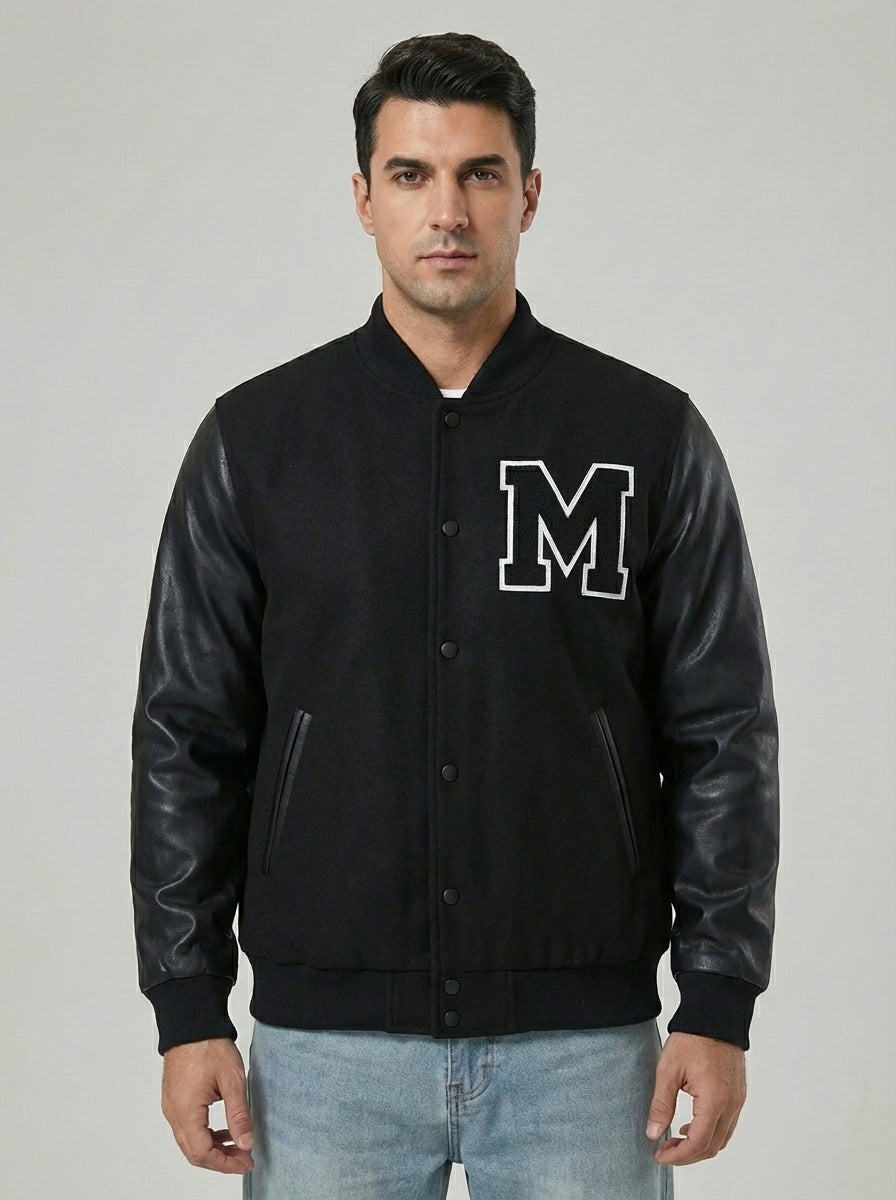 Men’s Fashion Varsity Bomber Jacket – Splicing Leather Sleeves