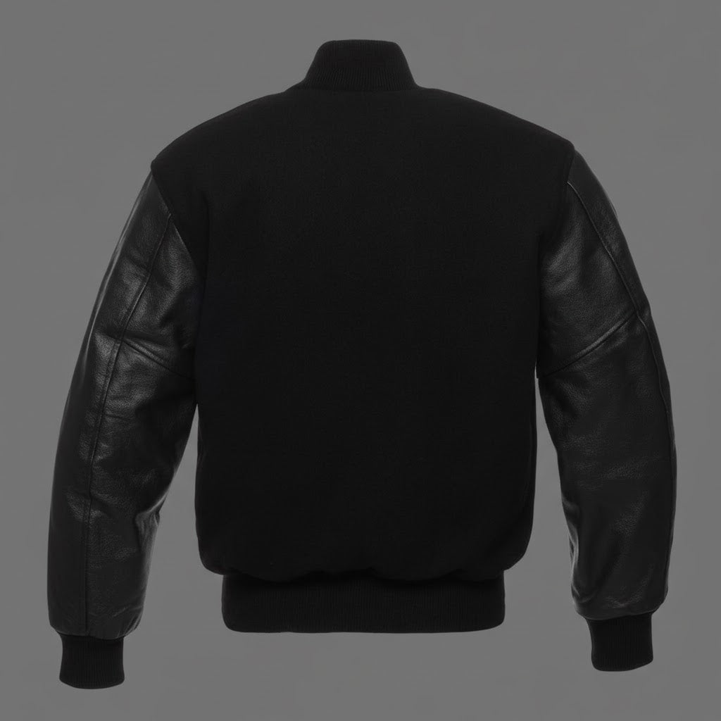 Men’s Black Varsity Jacket with Black Leather Sleeves
