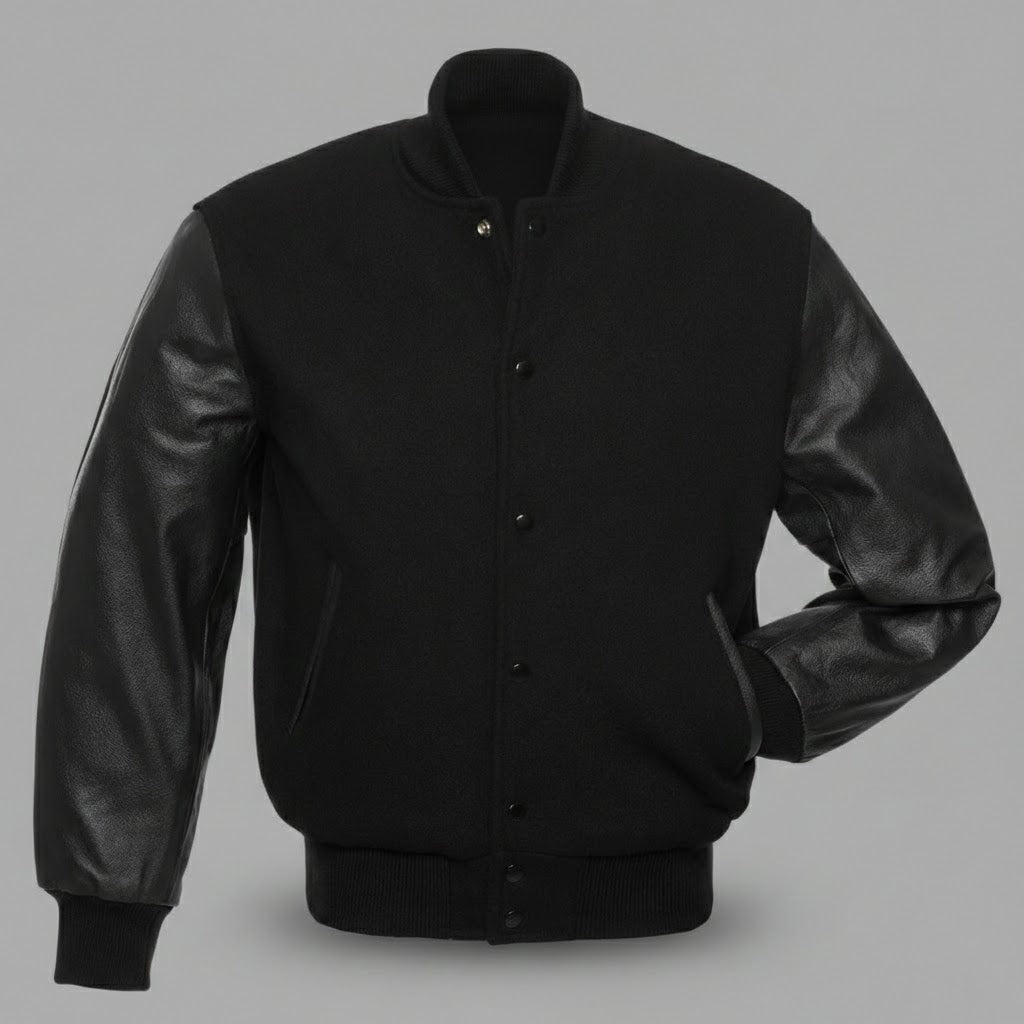Men’s Black Varsity Jacket with Black Leather Sleeves