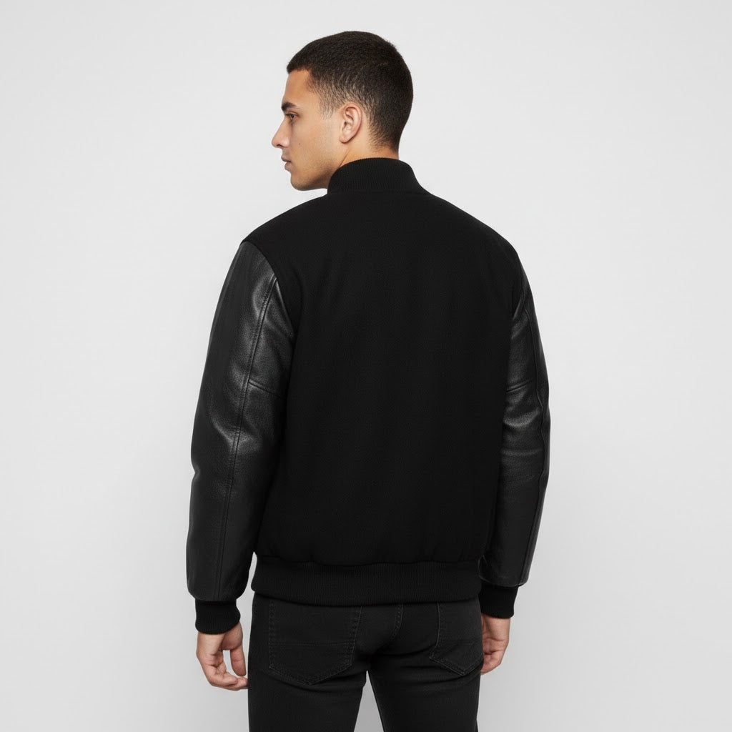 Men’s Black Varsity Jacket with Black Leather Sleeves