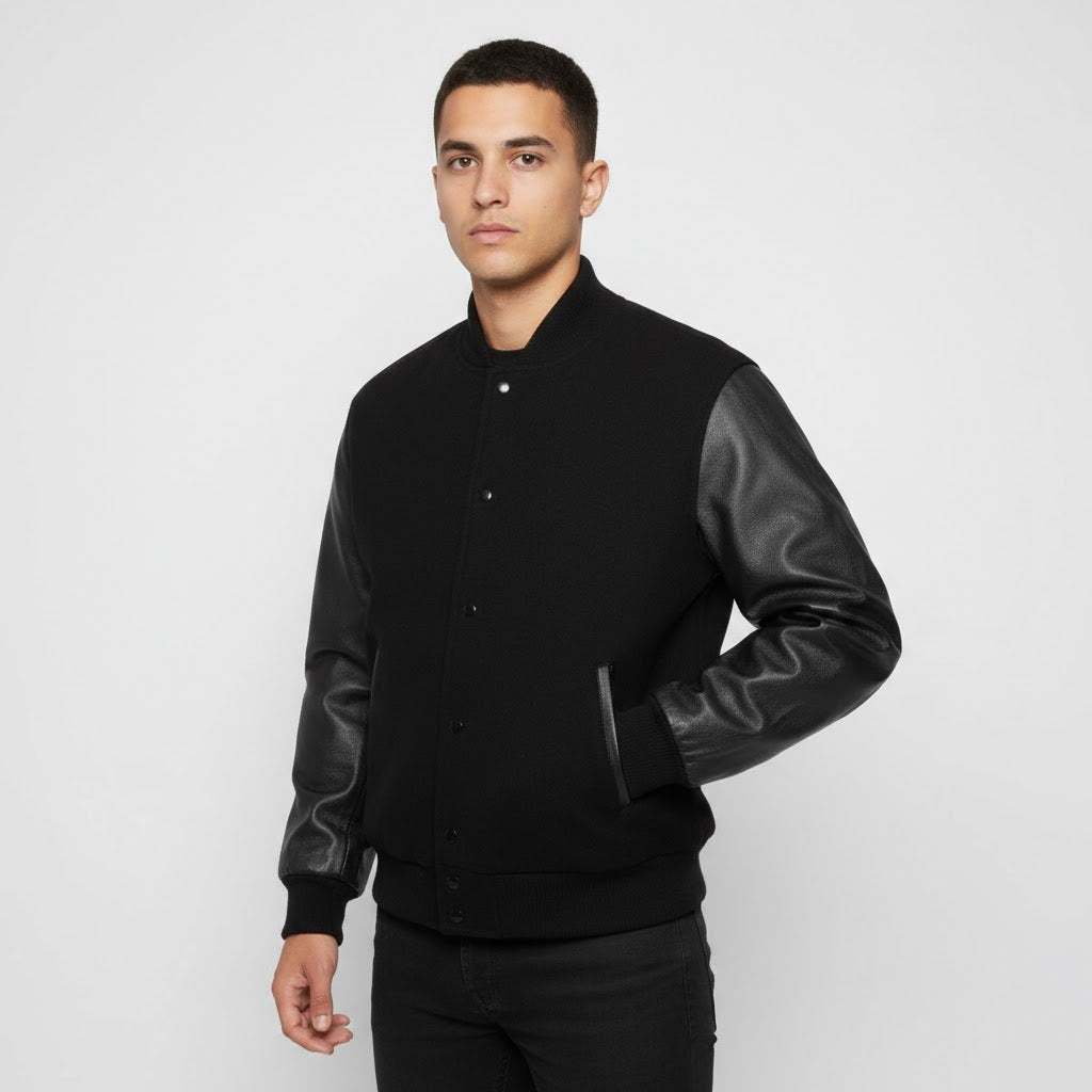 Men’s Black Varsity Jacket with Black Leather Sleeves