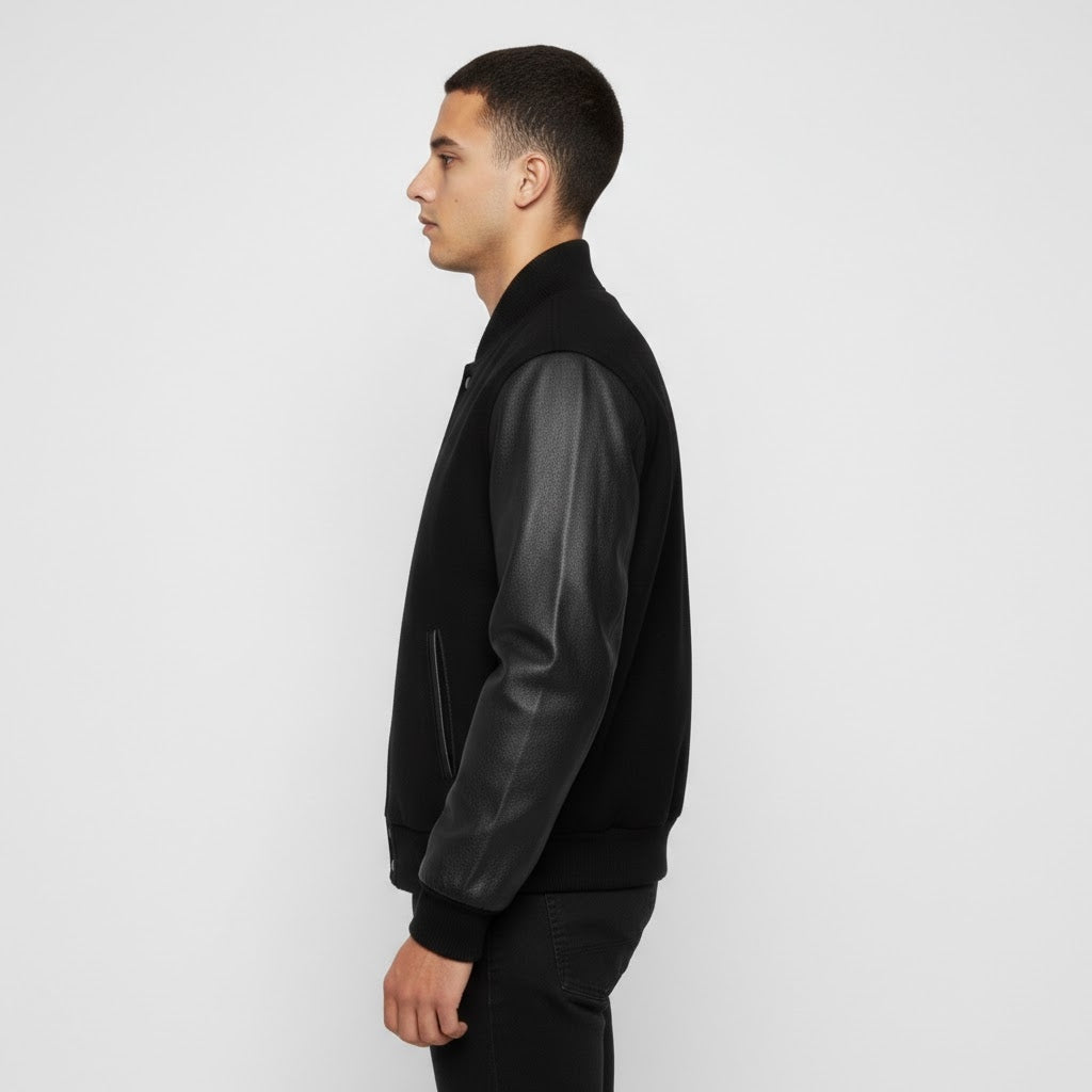 Men’s Black Varsity Jacket with Black Leather Sleeves
