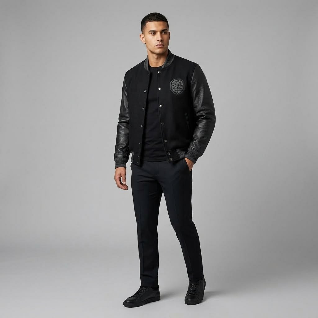 Men’s Black Wool Bomber Varsity Jacket – Classic Letterman Style
