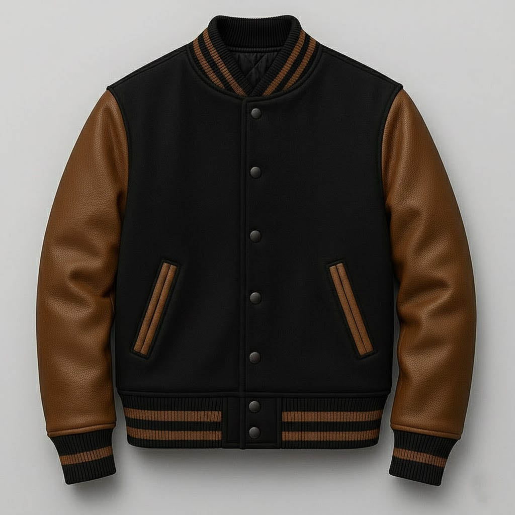 Men’s Black & Dark Brown Leather Sleeve Varsity Jacket