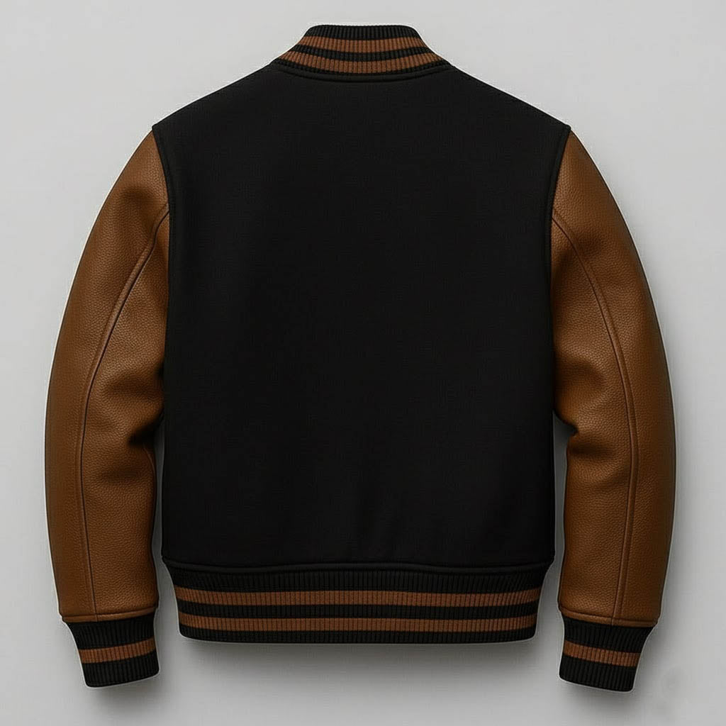 Men’s Black & Dark Brown Leather Sleeve Varsity Jacket