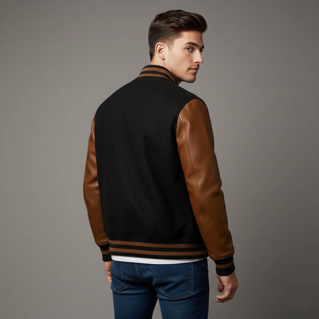 Men’s Black & Dark Brown Leather Sleeve Varsity Jacket