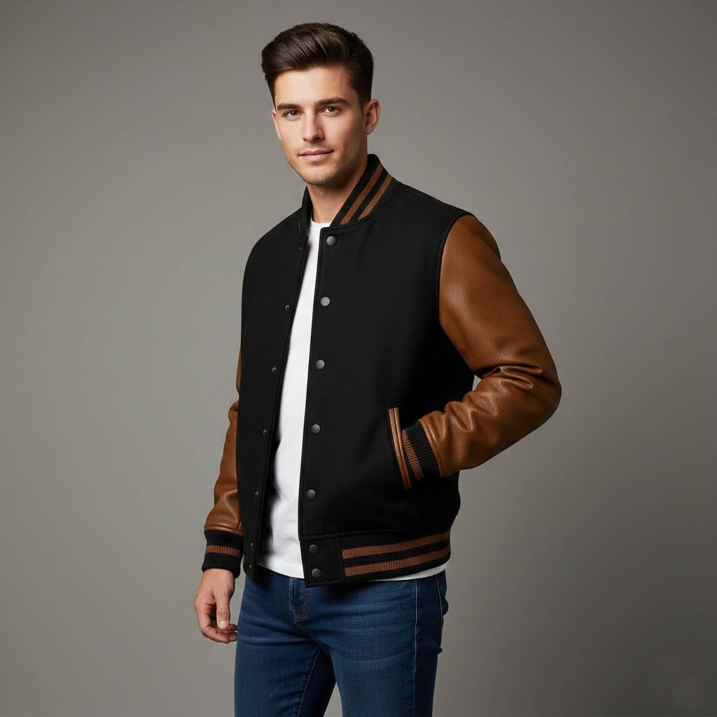 Men’s Black & Dark Brown Leather Sleeve Varsity Jacket