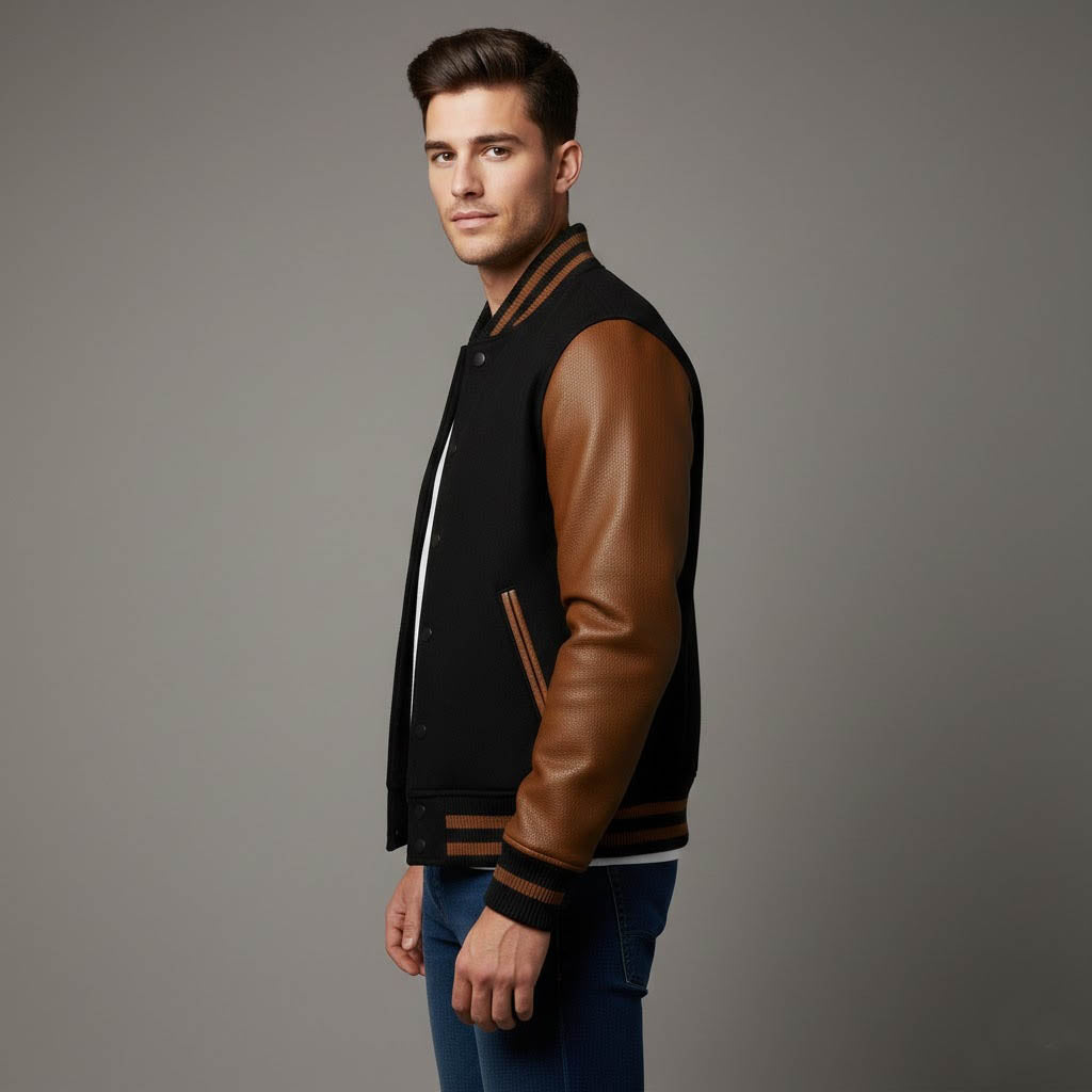 Men’s Black & Dark Brown Leather Sleeve Varsity Jacket