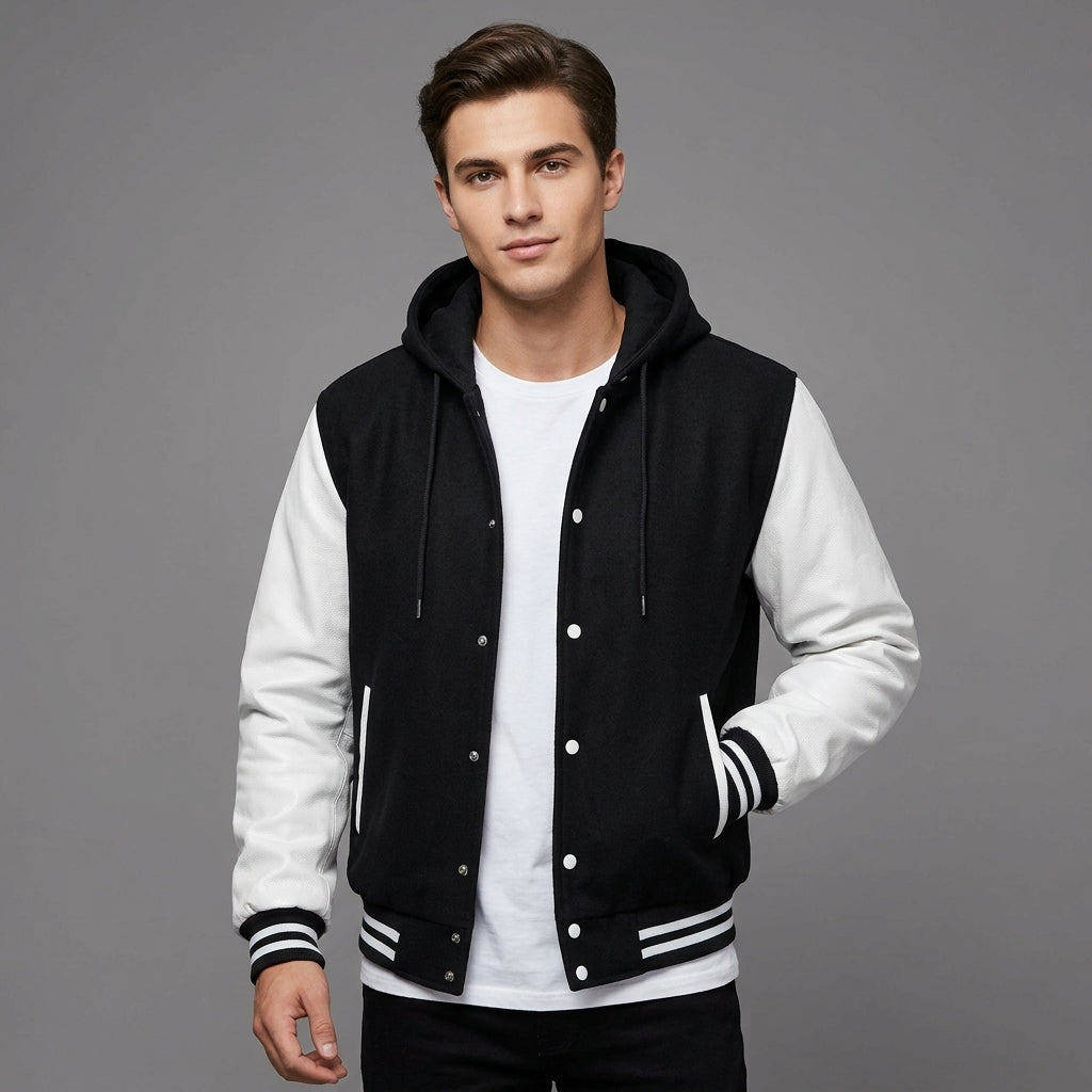 Men’s Black & White Varsity Jacket – Wool Blend with Genuine Leather Sleeves