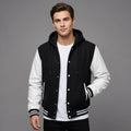 Men’s Black & White Varsity Jacket – Wool Blend with Genuine Leather Sleeves