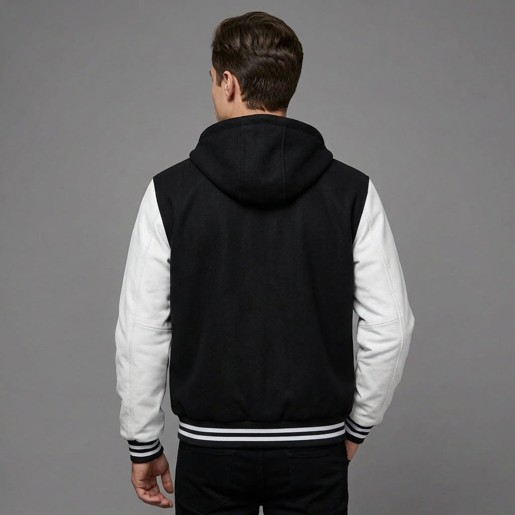 Men’s Black & White Varsity Jacket – Wool Blend with Genuine Leather Sleeves