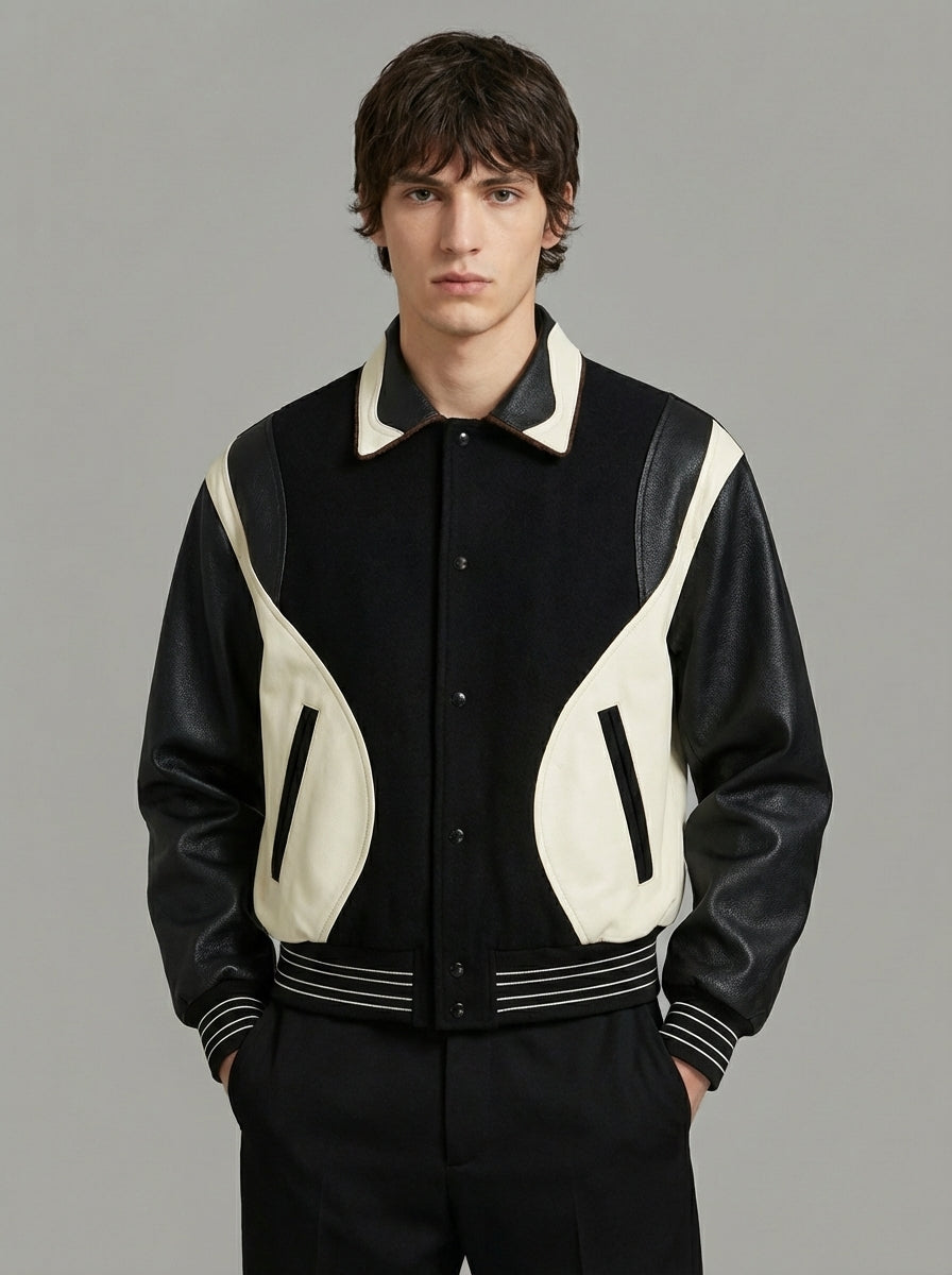 Men’s Black & White Varsity Jacket – Letterman Bomber