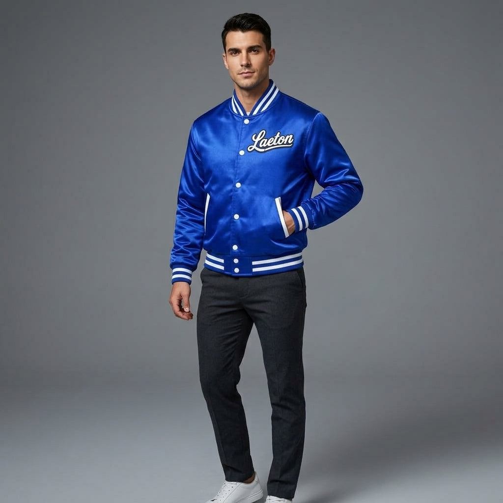 Men’s Blue Satin Varsity Jacket – Personalized Letterman with Back Text